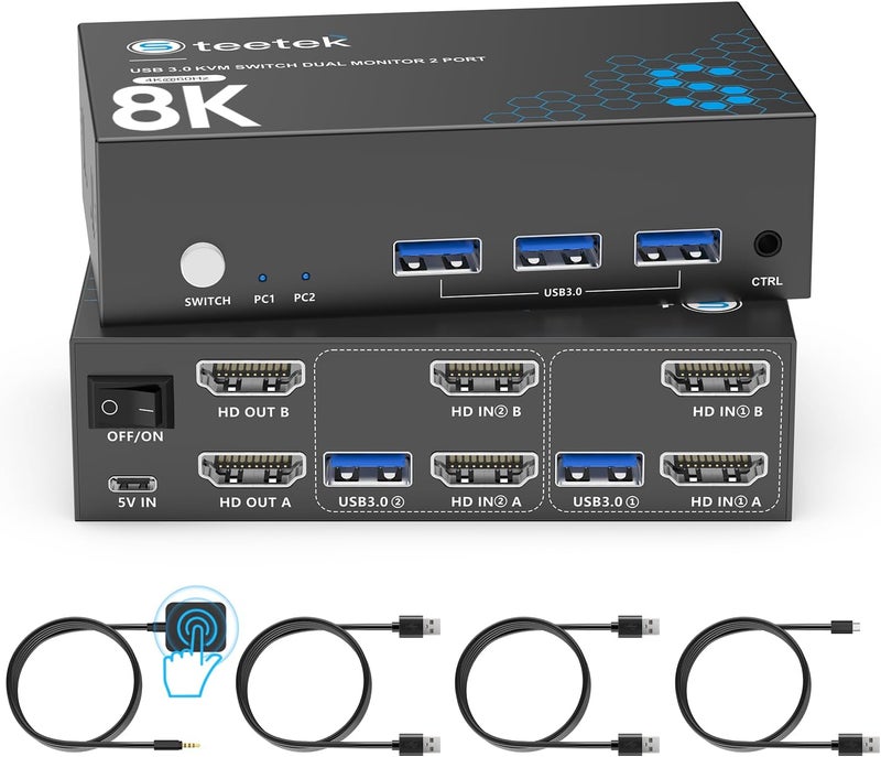 Hearvo 8K HDMI KVM Switch 2 Monitors 2 Computers, 8K@60Hz Dual KVM Switch for 2 Computers Sharing 2 Monitors, Keyboard, Mouse, Hard Drives, Printer, with EDID Adaptive, 2*USB Cables, and Controller. - Image 1